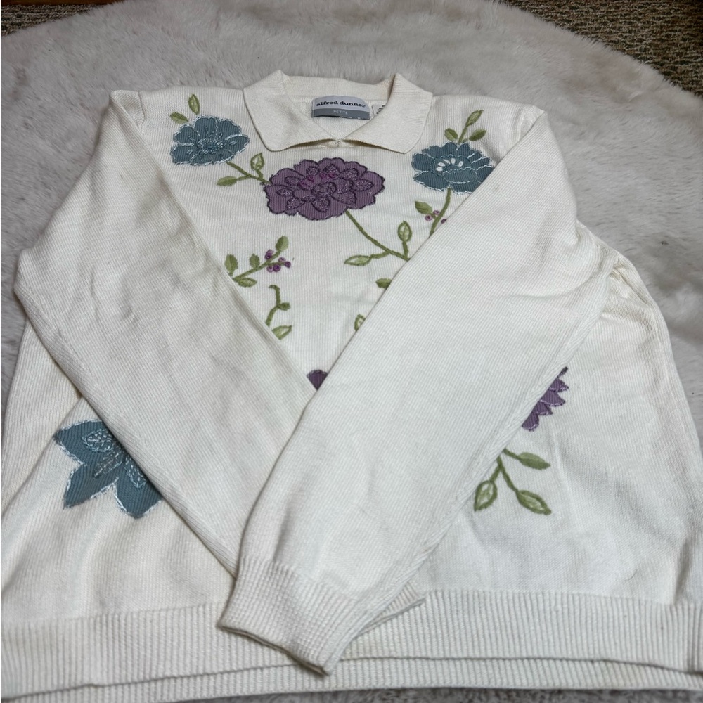 Alfred Dunner White Sweater with Floral Embroidery
